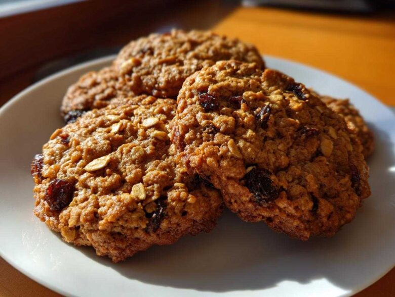 Close-up of several golden brown oatmeal raisin cookies stacked slightly on a white plate, catching warm sunlight.