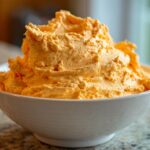 A close-up of bright orange, fluffy pumpkin fluff dessert piled high in a white serving bowl.