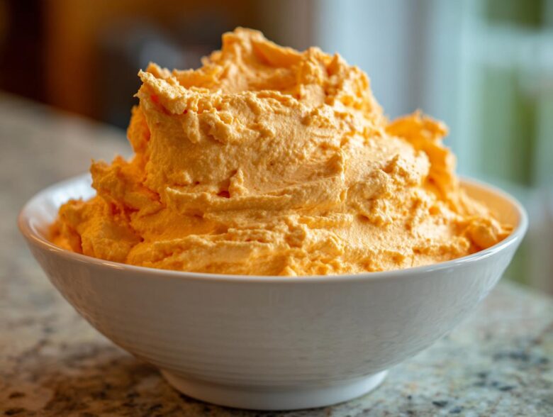 A close-up of bright orange, fluffy pumpkin fluff dessert piled high in a white serving bowl.