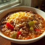 A close-up of a bowl of stuffed pepper soup topped with shredded cheese, ground meat, rice, and peppers.