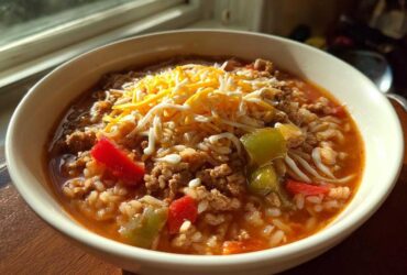 A close-up of a bowl of stuffed pepper soup topped with shredded cheese, ground meat, rice, and peppers.