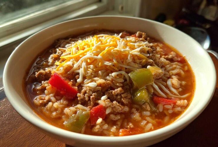 A close-up of a bowl of stuffed pepper soup topped with shredded cheese, ground meat, rice, and peppers.