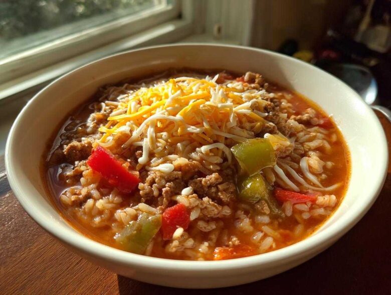 A close-up of a bowl of stuffed pepper soup topped with shredded cheese, ground meat, rice, and peppers.