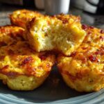 A stack of golden brown, fluffy egg bites, one of which is broken open to show the texture.