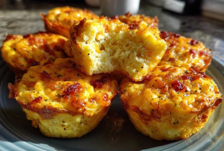 A stack of golden brown, fluffy egg bites, one of which is broken open to show the texture.