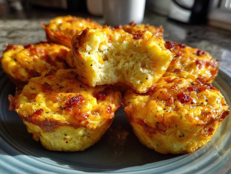 A stack of golden brown, fluffy egg bites, one of which is broken open to show the texture.
