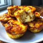 A stack of fluffy, golden-brown bacon and cheese egg bites, with one bite broken open showing the airy interior.