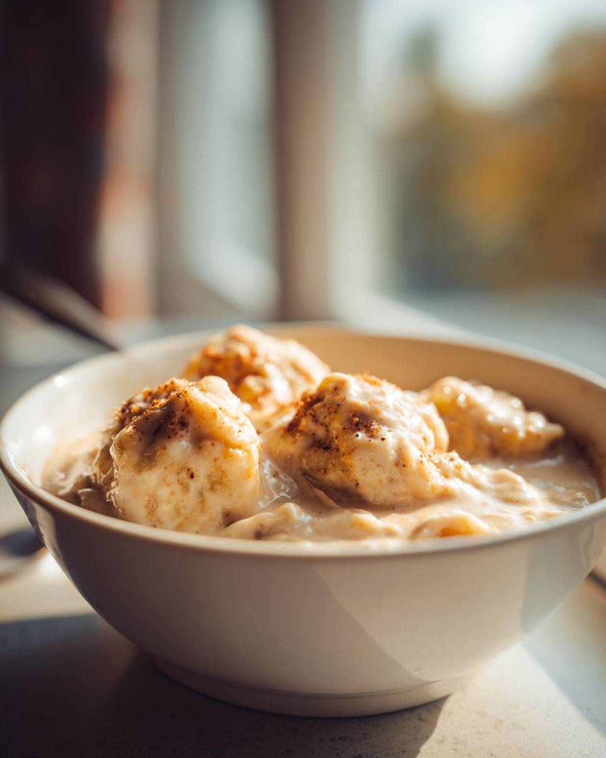 Close-up of fluffy chicken and dumpling served in a creamy sauce, sprinkled with seasoning, in a white bowl.