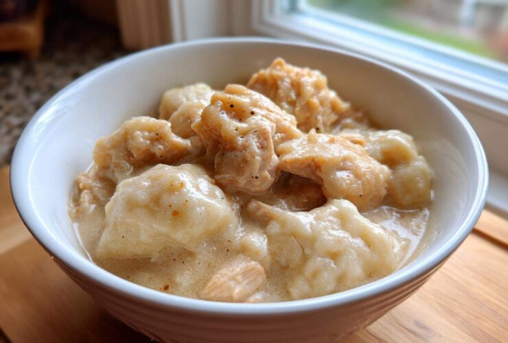 Close-up of a hearty bowl of creamy chicken and dumpling stew, served in a white bowl near a window.