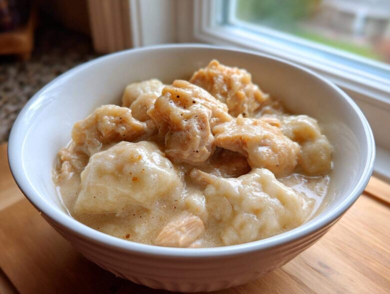 Close-up of a hearty bowl of creamy chicken and dumpling stew, served in a white bowl near a window.