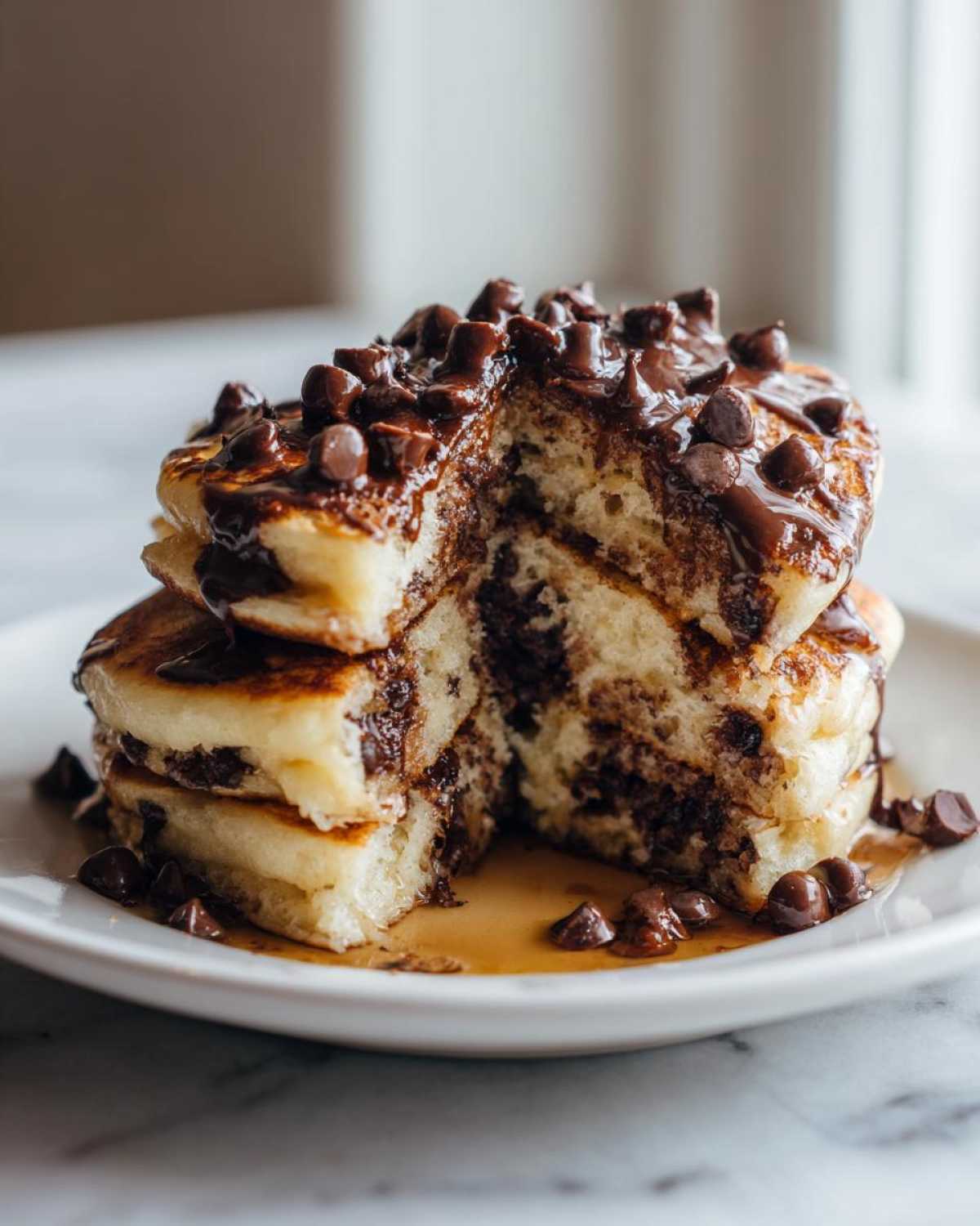 A stack of fluffy chocolate chip pancakes cut open to show melted chocolate, drizzled with syrup and topped with chips.