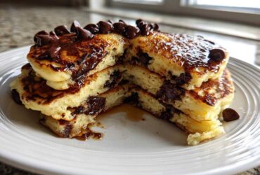Close-up of a stack of fluffy chocolate chip pancakes cut open to show melted chips and syrup.
