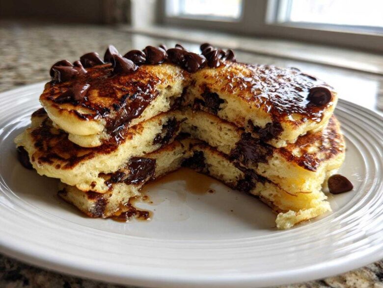 Close-up of a stack of fluffy chocolate chip pancakes cut open to show melted chips and syrup.
