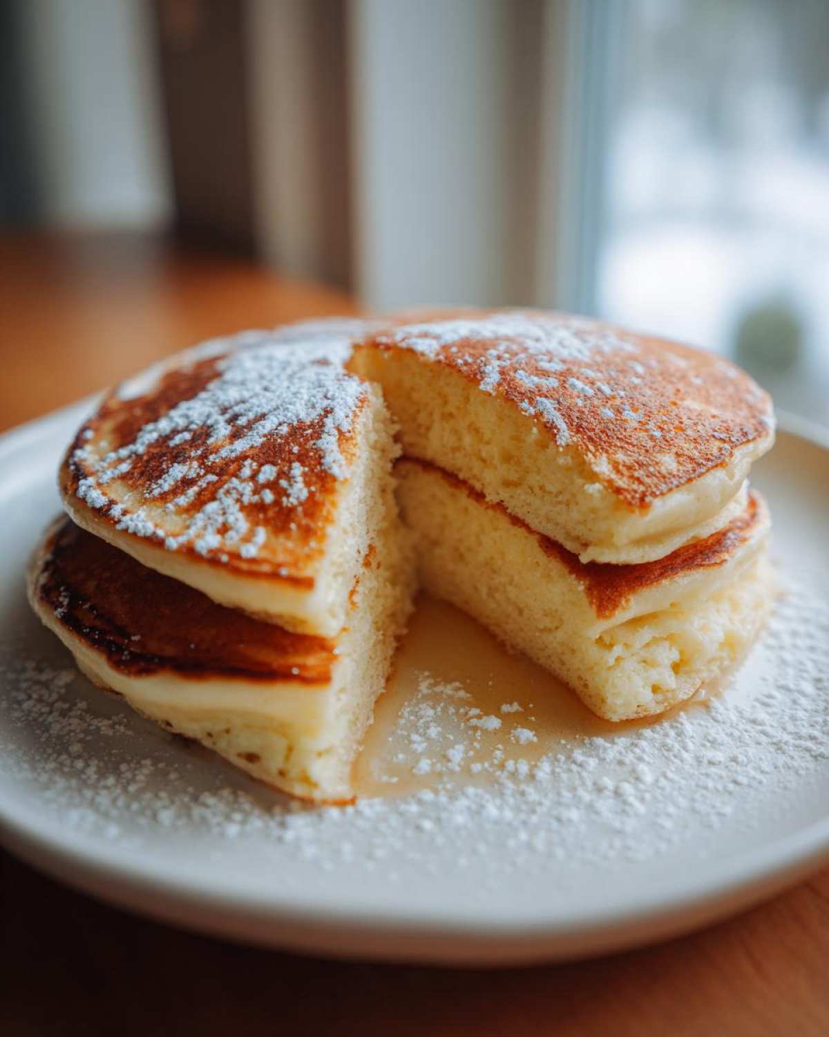 Close-up of a stack of fluffy discard pancakes, cut open to show the texture, dusted with powdered sugar and drizzled with syrup.