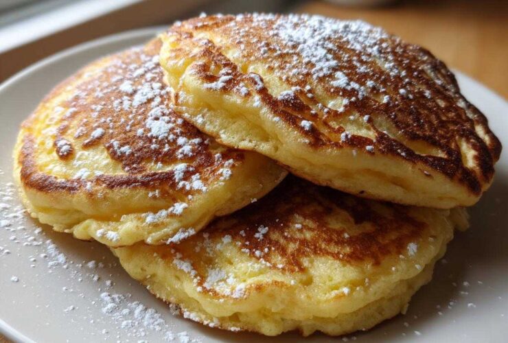 A stack of three incredibly fluffy discard pancakes, perfectly golden brown and dusted generously with powdered sugar.