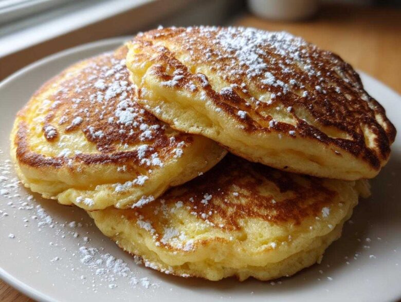A stack of three incredibly fluffy discard pancakes, perfectly golden brown and dusted generously with powdered sugar.