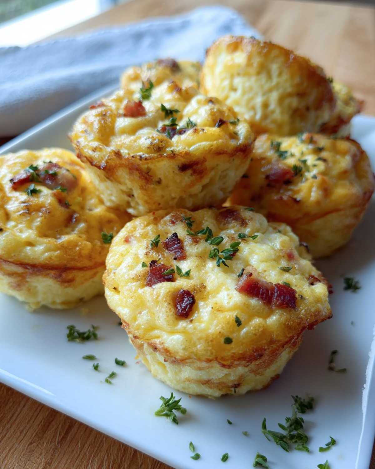 A close-up of several fluffy egg bites topped with bacon pieces and fresh herbs on a white plate.