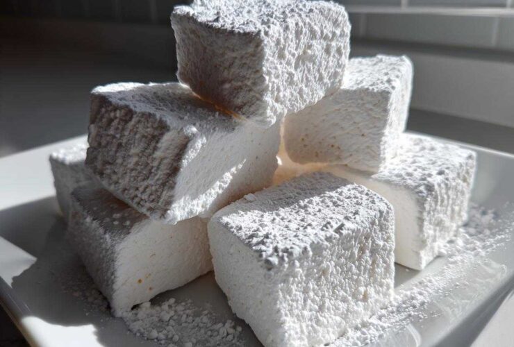 A stack of thick, white homemade marshmallows generously coated in powdered sugar on a white plate.