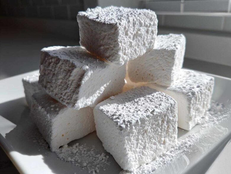 A stack of thick, white homemade marshmallows generously coated in powdered sugar on a white plate.