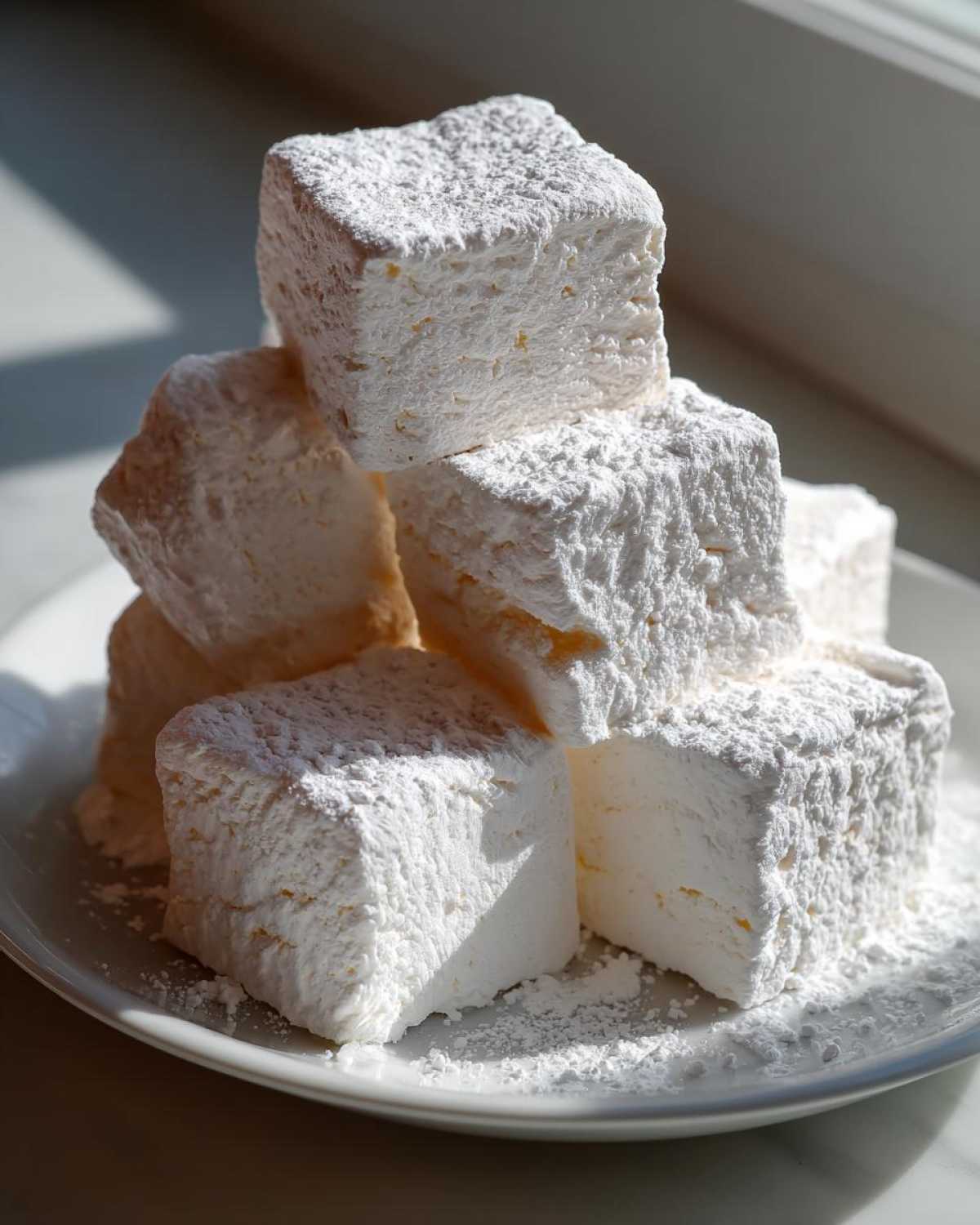 A stack of large, square homemade marshmallows generously dusted with powdered sugar on a white plate.