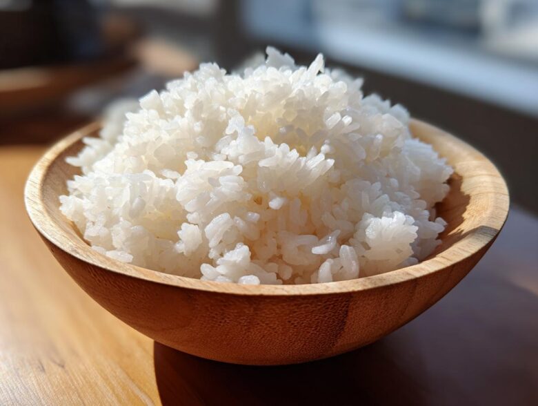 Close-up of perfectly cooked, fluffy white sushi rice mounded high in a light wooden bowl.