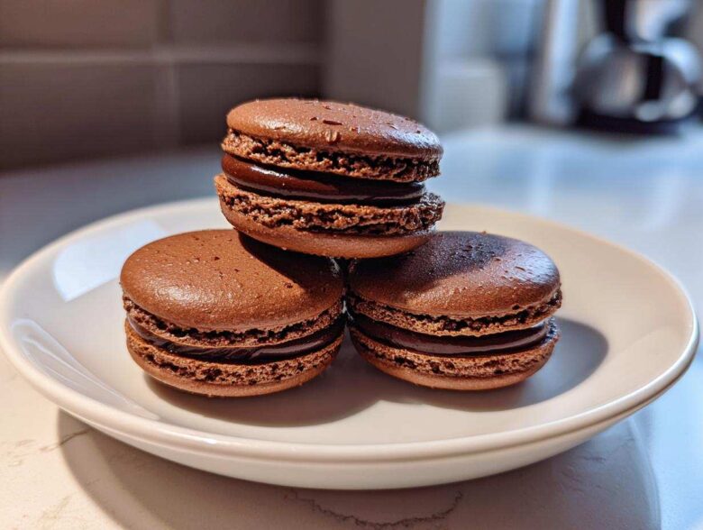 Three rich, dark brown chocolate macarons stacked and arranged on a white plate.