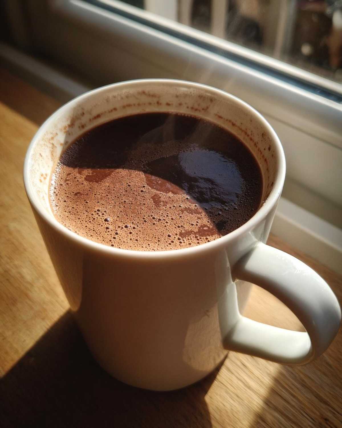 Close-up of a white mug filled with steaming, rich French hot chocolate on a wooden surface near a window.