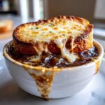 Close-up of rich french onion soup with a thick, cheesy, broiled crouton overflowing the white bowl.