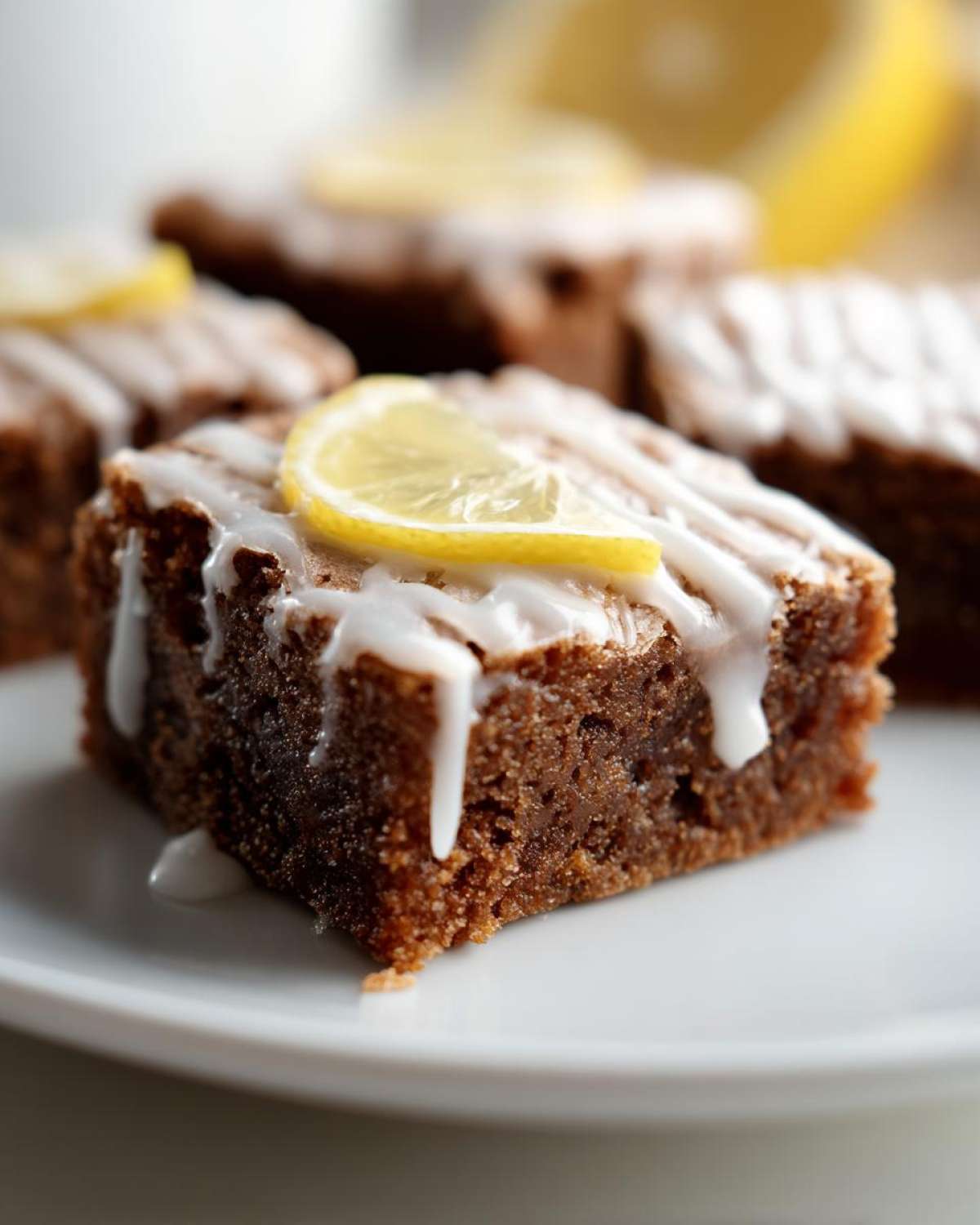 A close-up of a fudgy lemon brownie square topped with white glaze drizzle and a lemon slice.