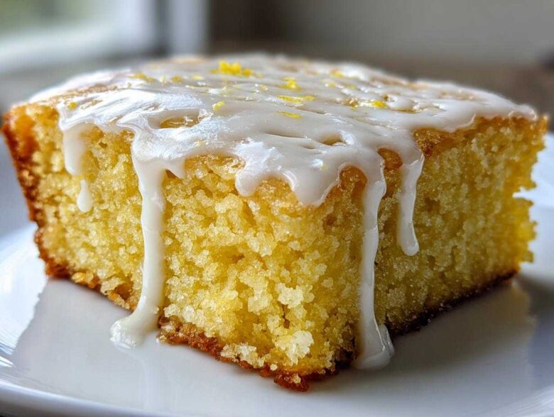 A close-up of a single square of fudgy lemon brownies topped with thick, dripping white glaze and lemon zest.