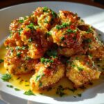 Close-up of golden, crispy chicken bites coated in a glossy garlic sauce and topped with fresh parsley.