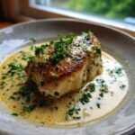 Close-up of a juicy garlic parmesan chicken breast topped with fresh parsley in a creamy sauce.