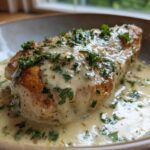 Close-up of a pan-seared garlic parmesan chicken breast covered in creamy garlic sauce and fresh parsley.