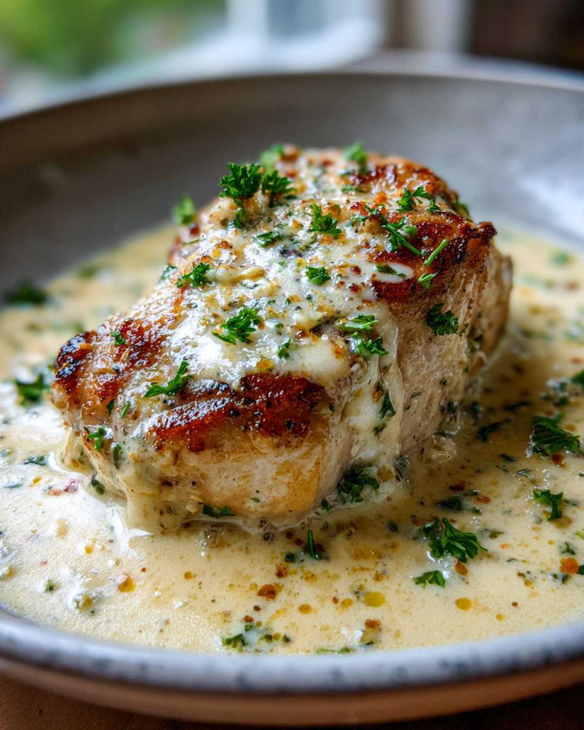 Close-up of a perfectly seared piece of garlic parmesan chicken smothered in creamy sauce and topped with fresh parsley.