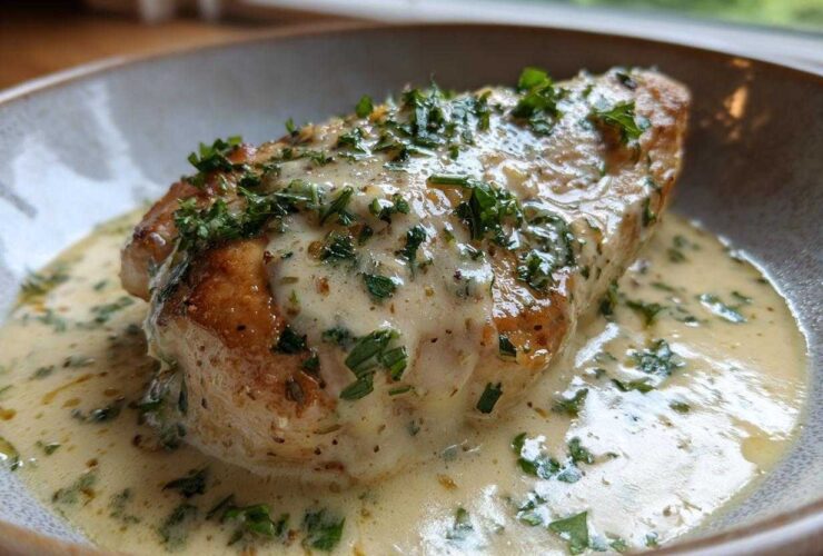 Close-up of a pan-seared garlic parmesan chicken breast covered in creamy garlic sauce and fresh parsley.