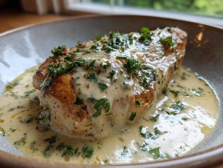 Close-up of a pan-seared garlic parmesan chicken breast covered in creamy garlic sauce and fresh parsley.