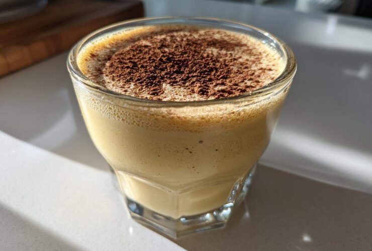 A close-up of a glass filled with creamy, frothy homemade eggnog, topped generously with ground cinnamon or nutmeg.