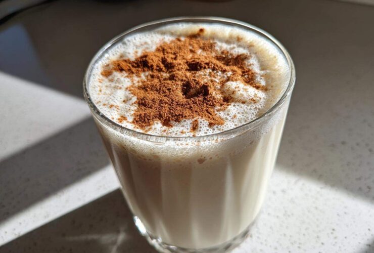 A glass of creamy, frothy coquito topped generously with ground cinnamon.