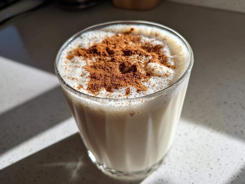 A glass of creamy, frothy coquito topped generously with ground cinnamon.