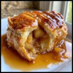A close-up, cross-section view of a warm apple dumpling showing soft, spiced apple filling and flaky pastry drizzled with caramel sauce.