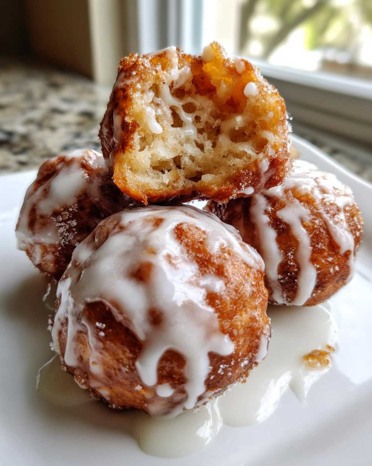 A stack of four golden brown baked apple fritters drizzled with white vanilla glaze, one broken open showing the soft interior.