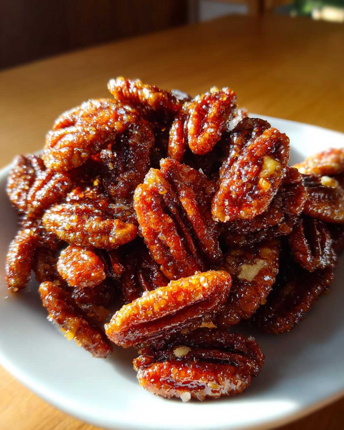 Close-up of shiny, caramelized candied pecans recipe halves piled on a small white dish.