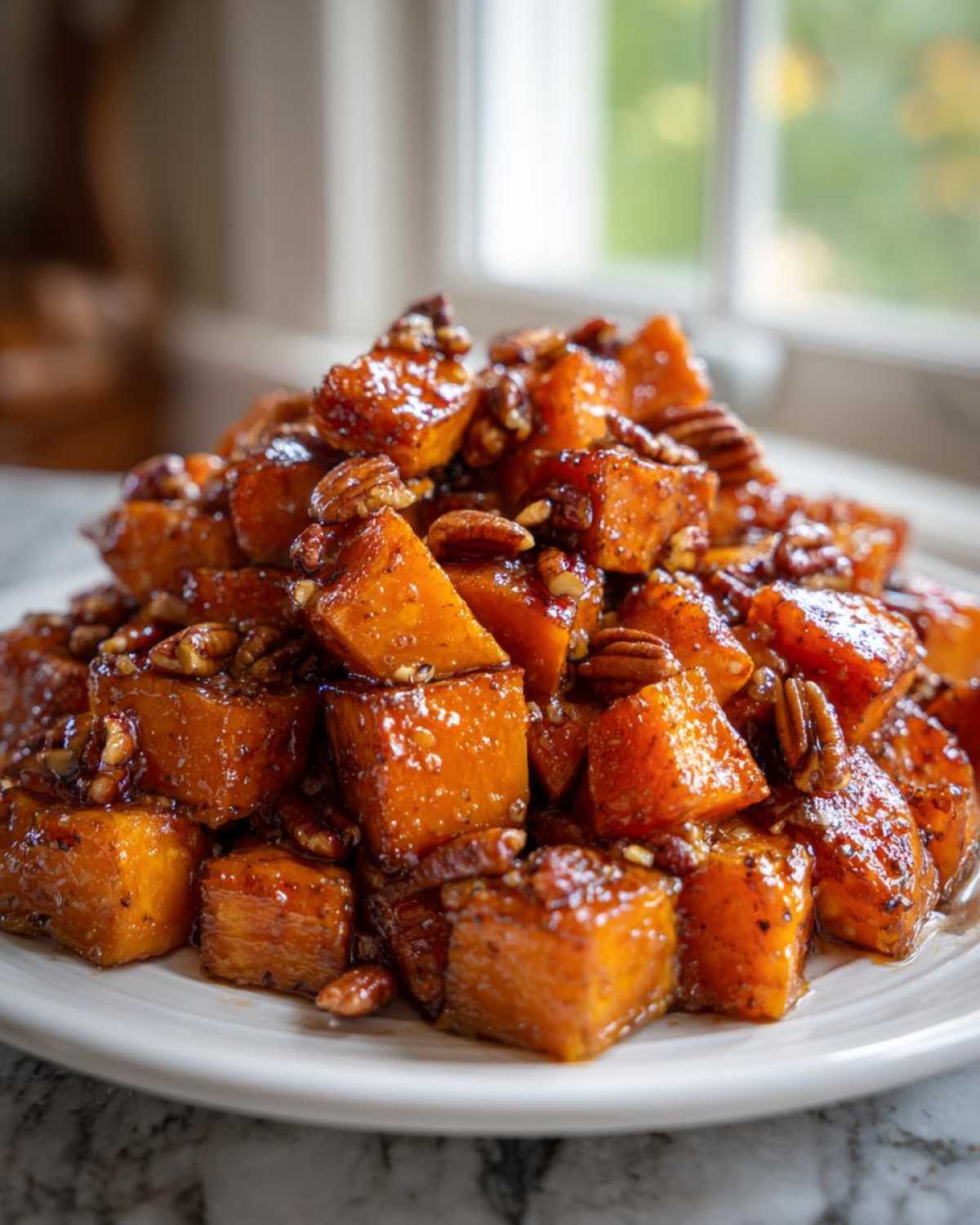 A mound of glossy, roasted sweet potatoes cubes coated in a glaze and topped with pecans.