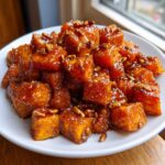 Close-up of perfectly roasted sweet potatoes cubes coated in a shiny glaze and topped with chopped pecans.