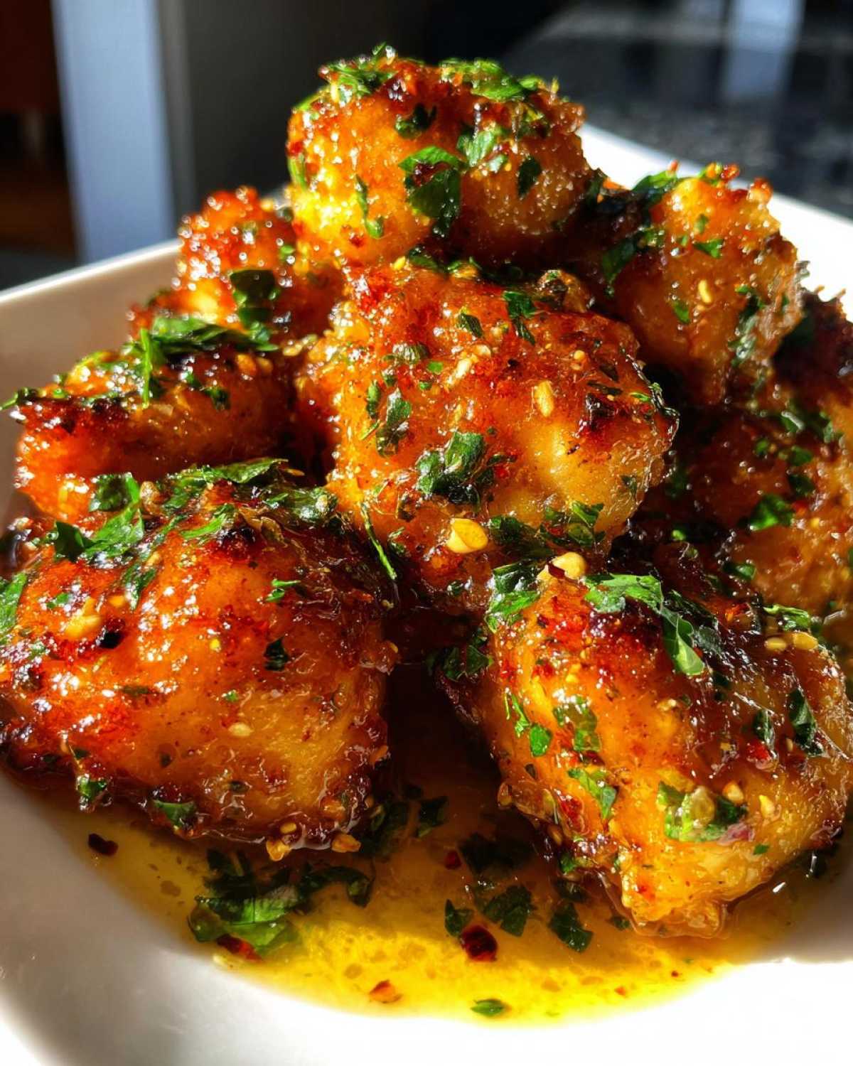Close-up of glistening, saucy garlic chicken bites topped with fresh chopped parsley and chili flakes.