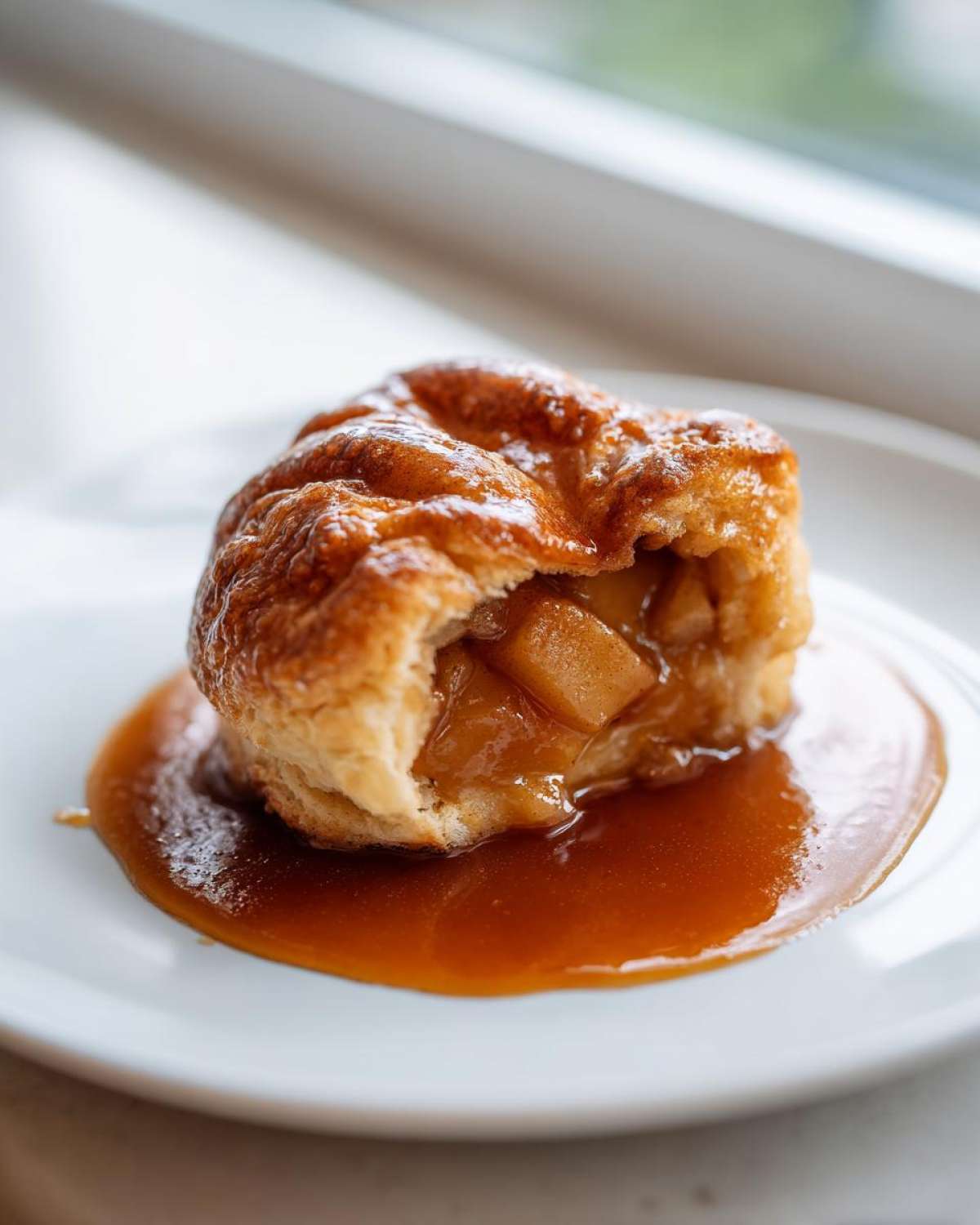 A close-up of a glistening, golden apple dumpling cut open to show spiced apple filling, sitting in a pool of rich caramel sauce.