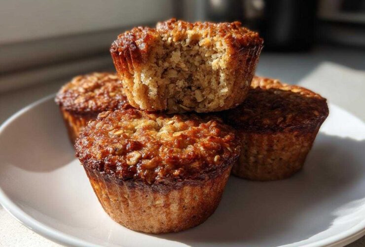 Four golden-brown banana oatmeal muffins stacked on a white plate, one with a bite taken out showing the texture.