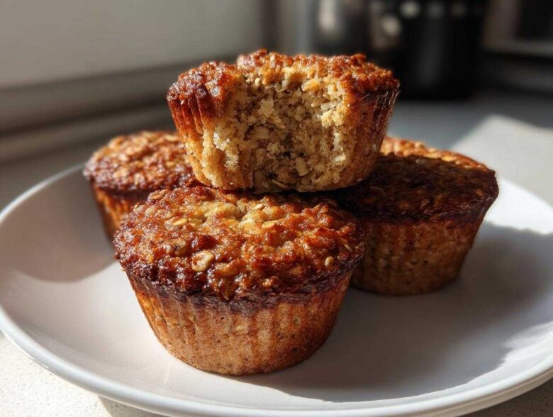 Four golden-brown banana oatmeal muffins stacked on a white plate, one with a bite taken out showing the texture.