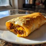 A golden fried Chimichanga cut open to show seasoned ground beef and melted cheddar cheese filling, resting on a white plate.