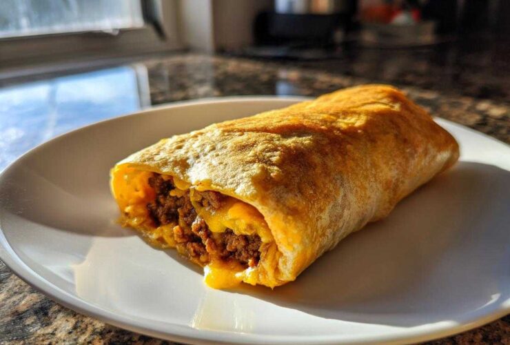 A golden fried Chimichanga cut open to show seasoned ground beef and melted cheddar cheese filling, resting on a white plate.